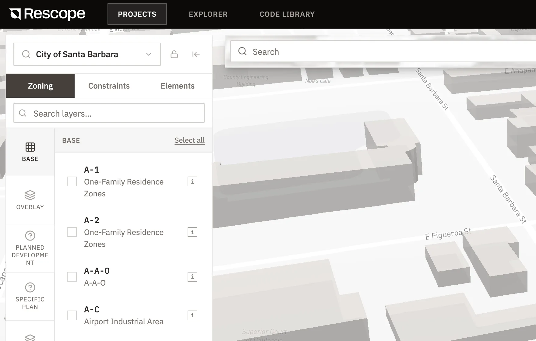 Rescope map view: 3D building massing beside a zoning layers panel showing base districts and overlays